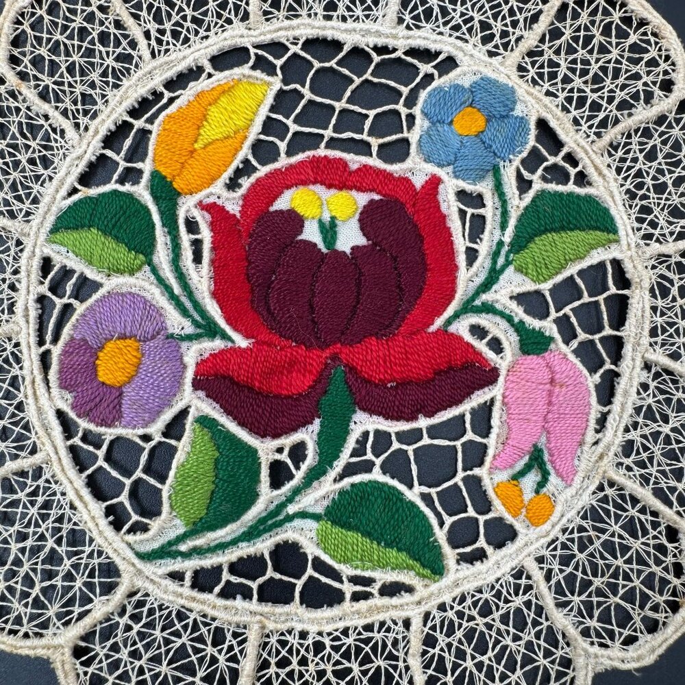 Kalocsa Hungarian Hand Embroidered Doily With Kalocsai Floral Lace Design - Picture 2 of 7